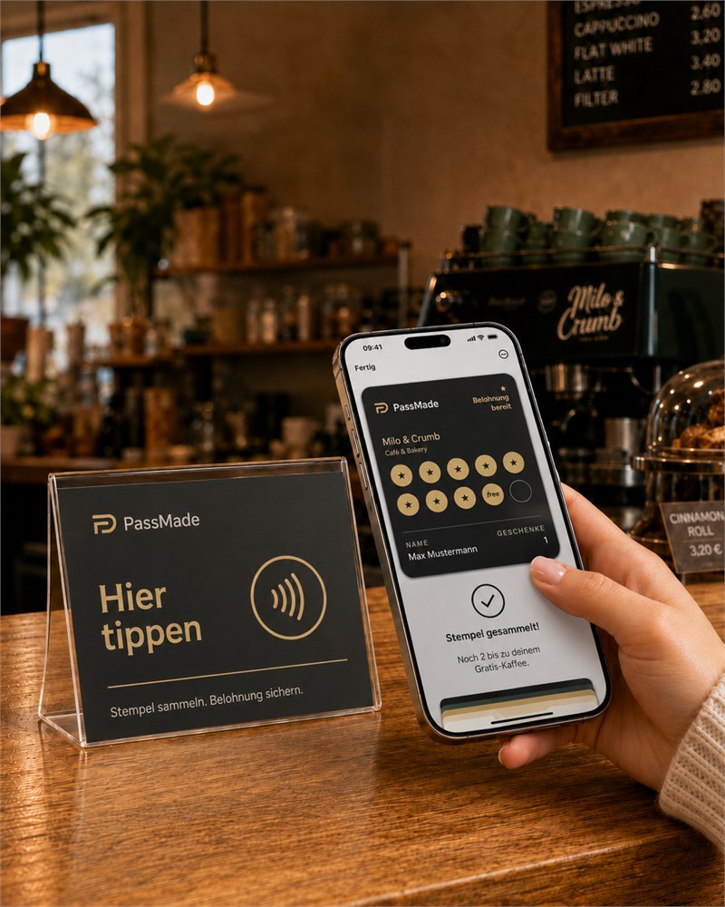 Kunde tippt sein Handy am PassMade-Aufsteller auf der Café-Theke an