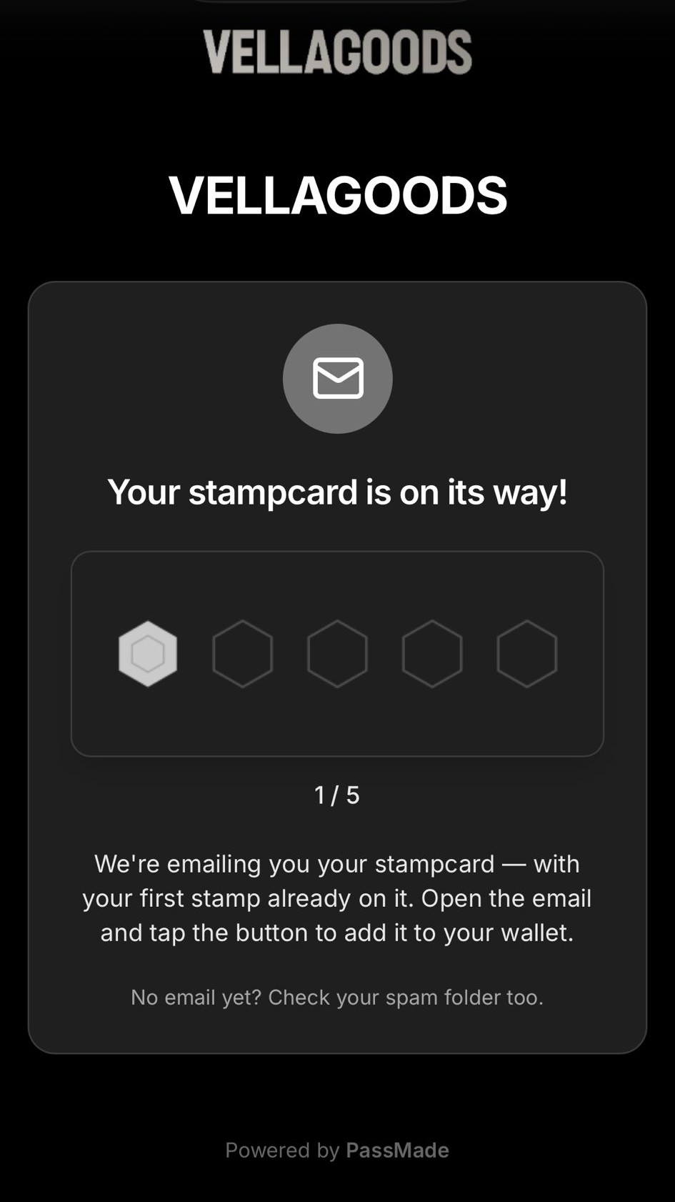 Erster Stempel auf der digitalen Stempelkarte von VELLAGOODS