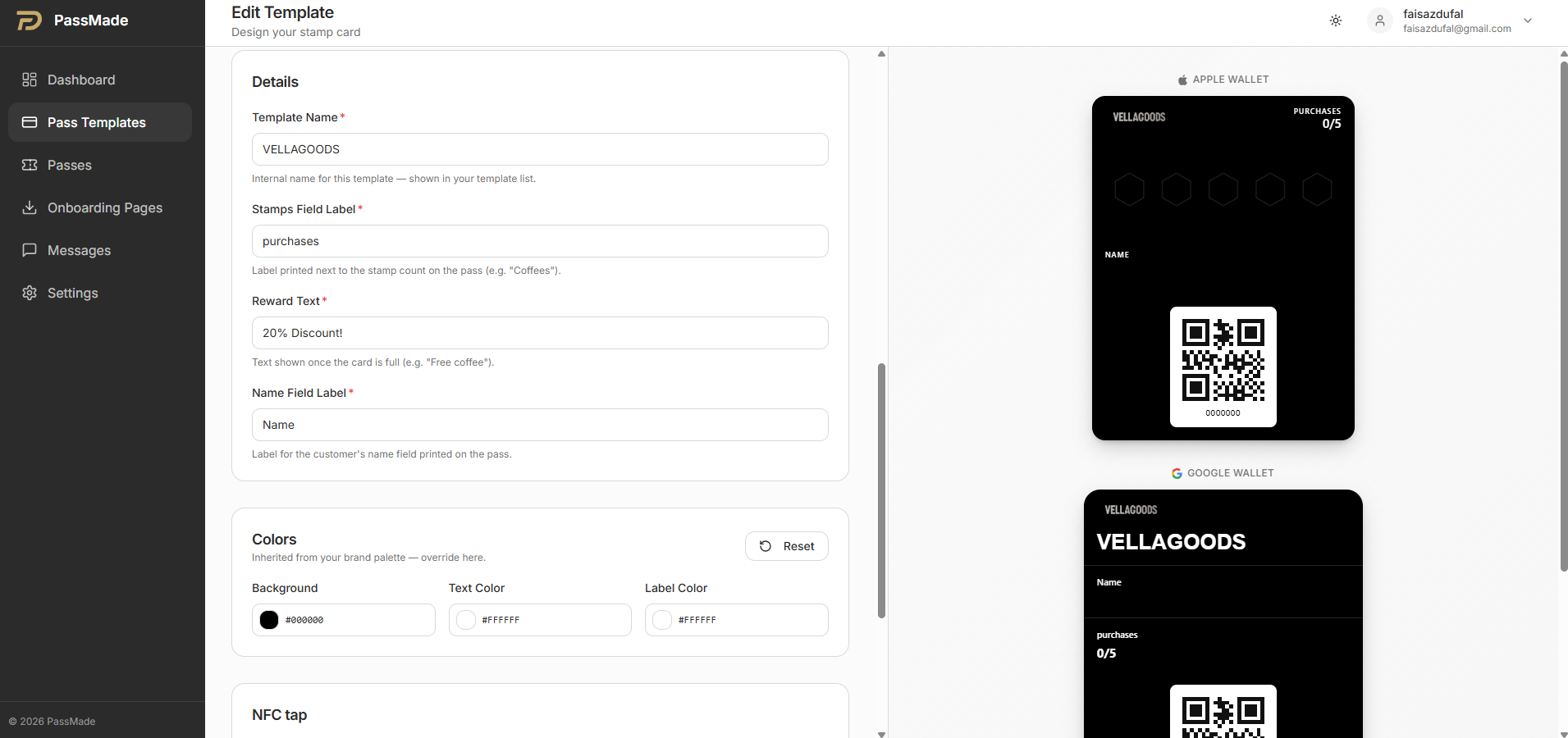 Karten-Designer im PassMade-Dashboard: digitale Treuekarte für VELLAGOODS gestalten